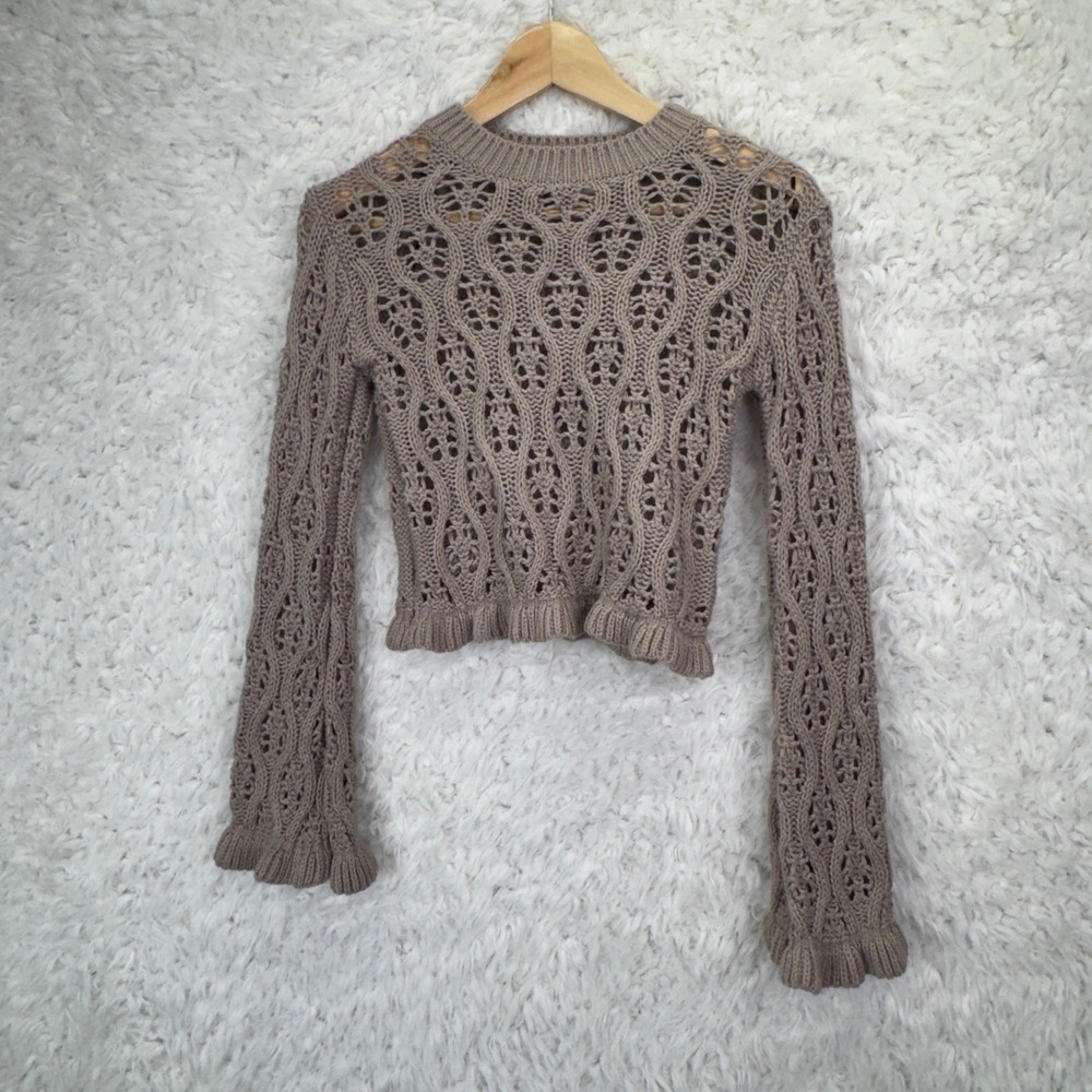 H&M Divided Crochet Knit Sweater XXS Taupe Boho Open Weave Crop Top